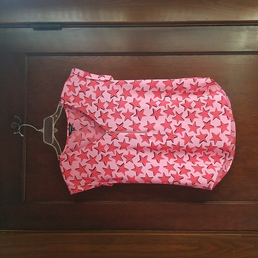 NWOT Express Silky Zip Front Gramercy Tee Pink and Red Stars, XS